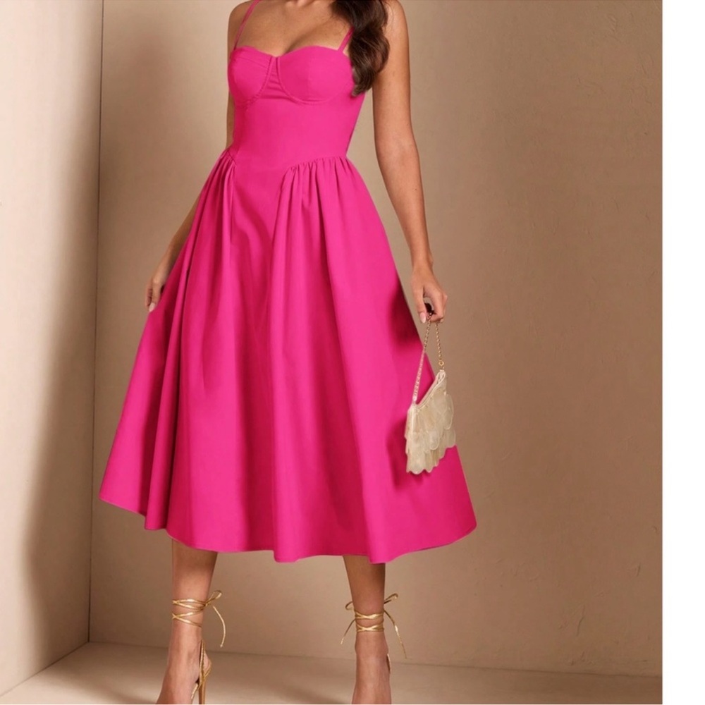 Classic Pink Solid High Waist Flared Cami Party Evening Dress XS S M L XL - Picture 1 of 3